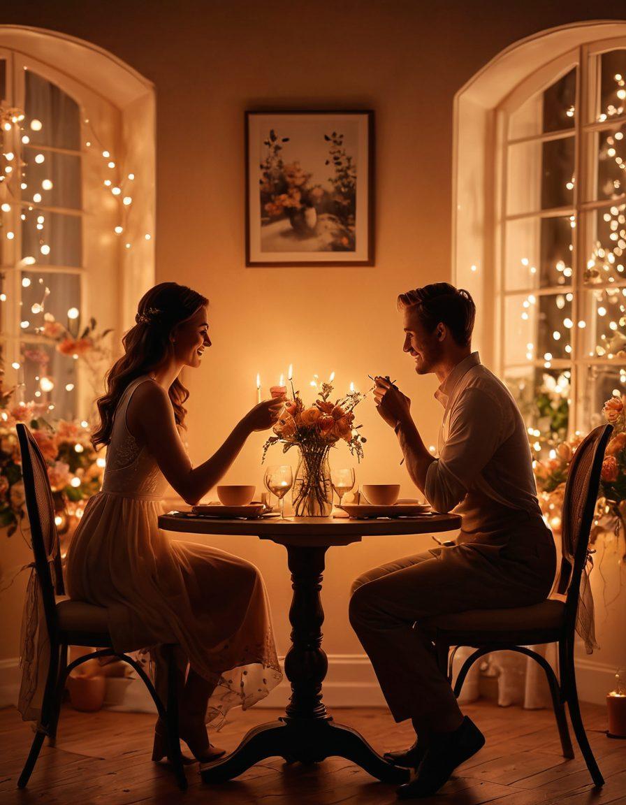 A captivating scene of a romantic dinner setup with soft candlelight and delicate flowers, featuring two silhouettes leaning closer together, sharing secrets and laughter. Warm colors radiate an intimate atmosphere, emphasizing connection and affection. Background hints of a beautifully set table and twinkling fairy lights enhance the mood. super-realistic. warm tones. soft focus.