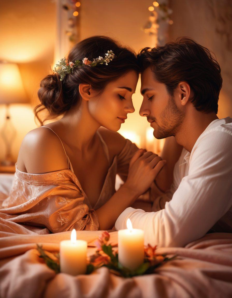 A romantic setting with two people sharing a tender moment, surrounded by soft candlelight and plush fabrics. Elements of intimacy depicted through intertwined hands and warm glances, evoking a sense of deep emotional connection. Include delicate flowers and subtle hints of sensual artistry in the background. The overall mood is warm and inviting, suggesting pleasure and closeness. super-realistic. warm colors. soft focus.